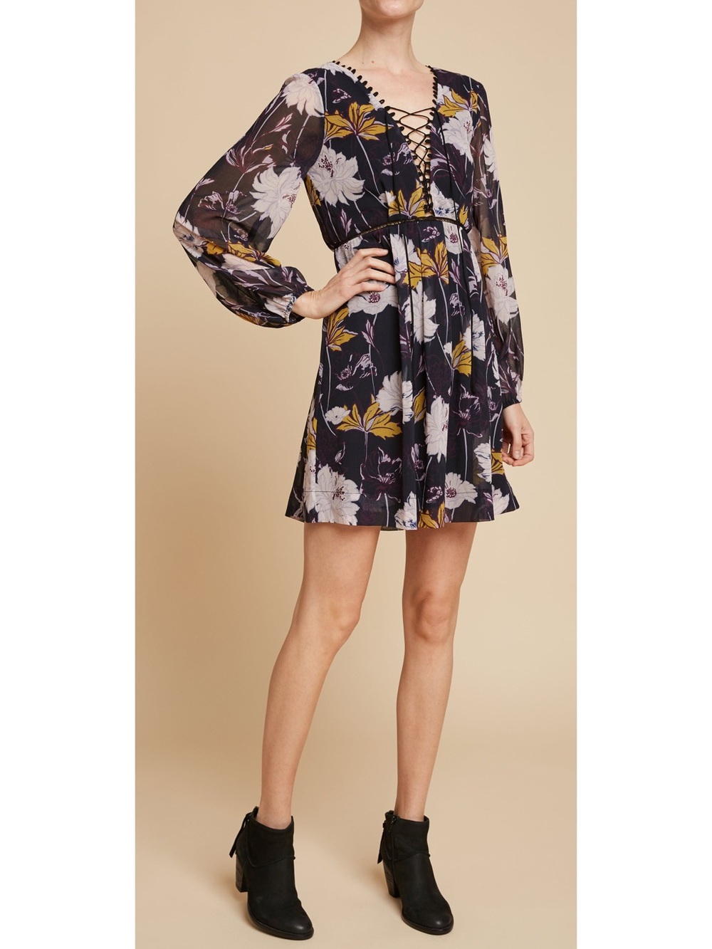 Ella Moss Black Floral Haze Lace-Up V-Neck Mini Dress